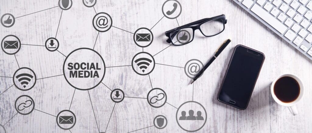 A graphic showing the phrase "Social Media", connected to many other related icons