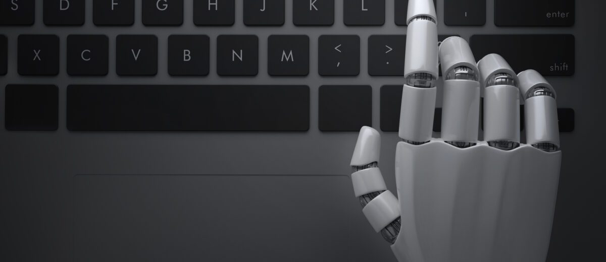Robot hands hanging over the computer keyboard. 3D illustration