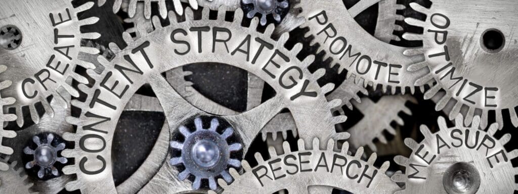 Interlocking gears with various labels: "Create, Content Strategy, Research, Promote, Measure," and "Optimize"