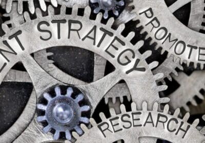 Interlocking gears with various labels: "Create, Content Strategy, Research, Promote, Measure," and "Optimize"