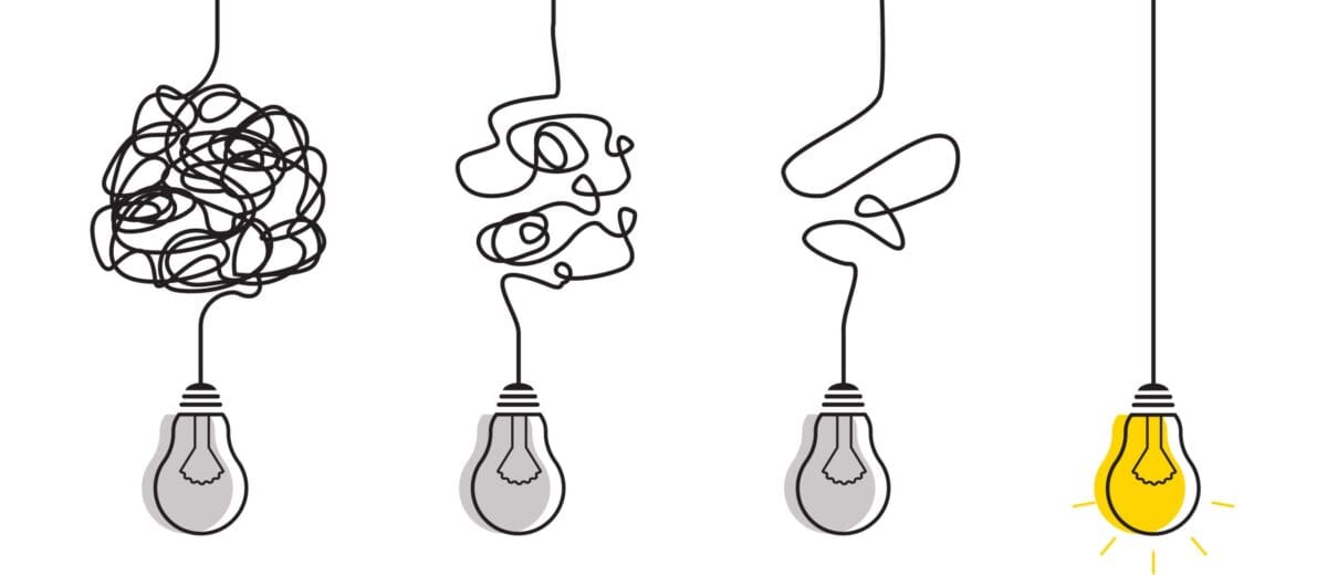 Four lightbulb icons in a row, their wires decreasing in tangle until the last one is just a straight line.