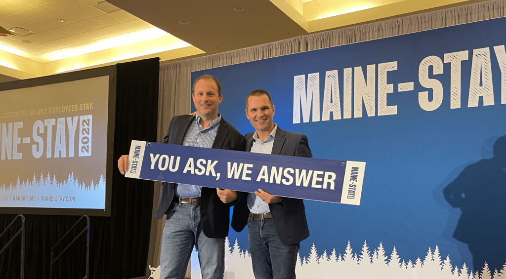 Cary Weston and Marcus Sheridan on stage at Maine Stay 2022 in Bangor, Maine.