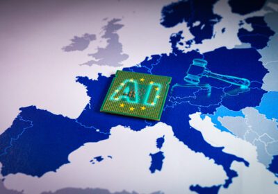 Europe Map with virtual gavel and sound block and a CPU with AI word. Concept of the EU recently adopted the AI Act, ushering in new restrictions on AI use cases and mandating transparency from companies, regarding data usage