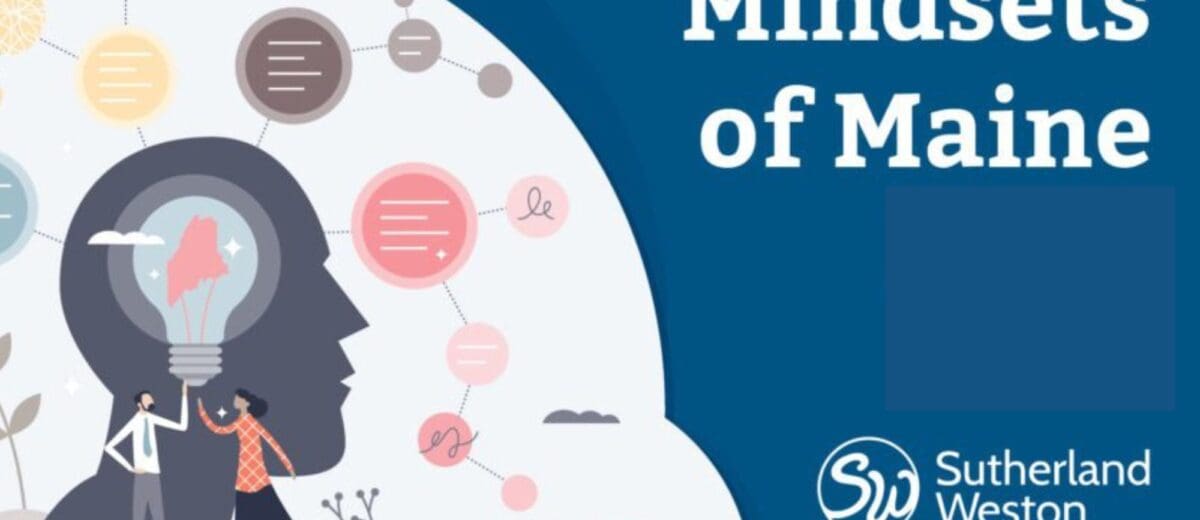 An icon of a head is overlaid with a lightbulb. Inside of the lightbulb is the silhouette of the state of Maine. Two figures hold it up.