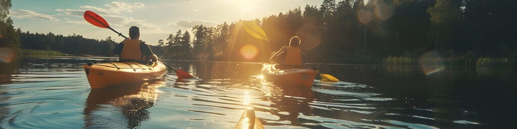 Figures kayak across a calm lake as the sun sets