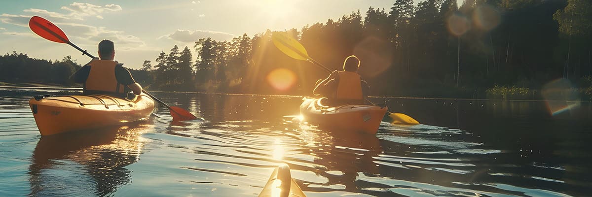 Figures kayak across a calm lake as the sun sets